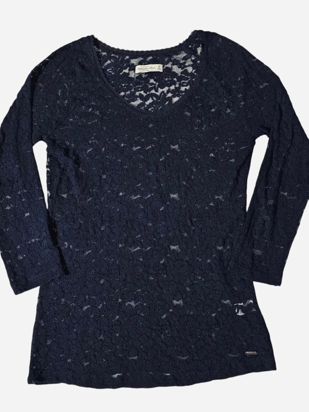 Abercrombie & Fitch Navy Floral Lace Scoop-Neck Long Sleeve Top-Medium